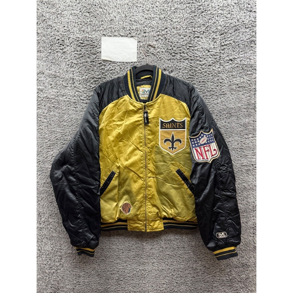 Vintage Mirage New Orleans Saints NFL Satin Bomber Jacket Black Gold Mens Size L